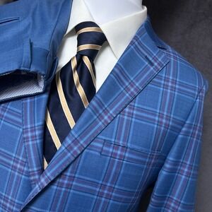 Carducci Custom Suit 38S Slim Fit 30x26 Blue Plaid Wool Reda Italian 150s Blazer
